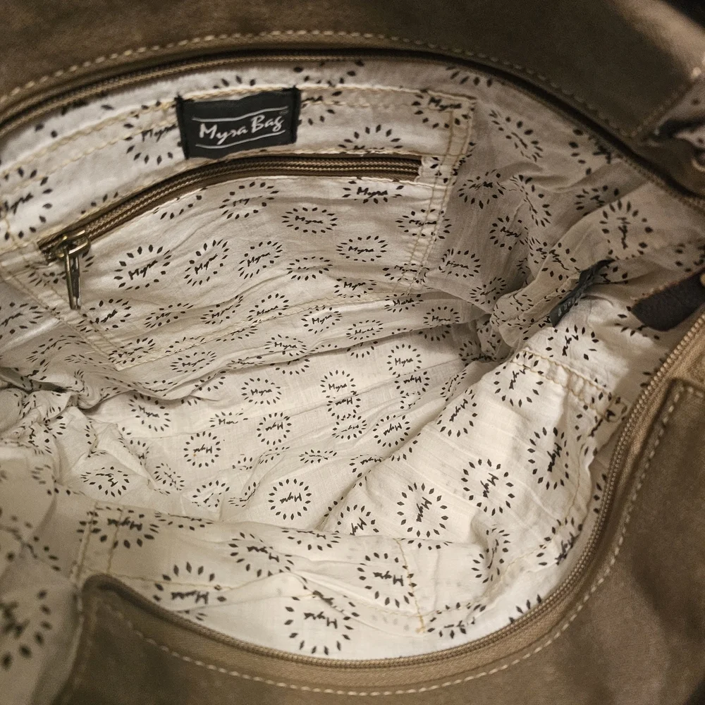 Myra Bag Brown Canvas Tote with  Brown and Cream Patterned Tote Bag - Unbranded